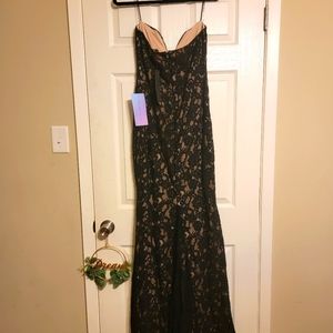 Formal black lace evening dress.